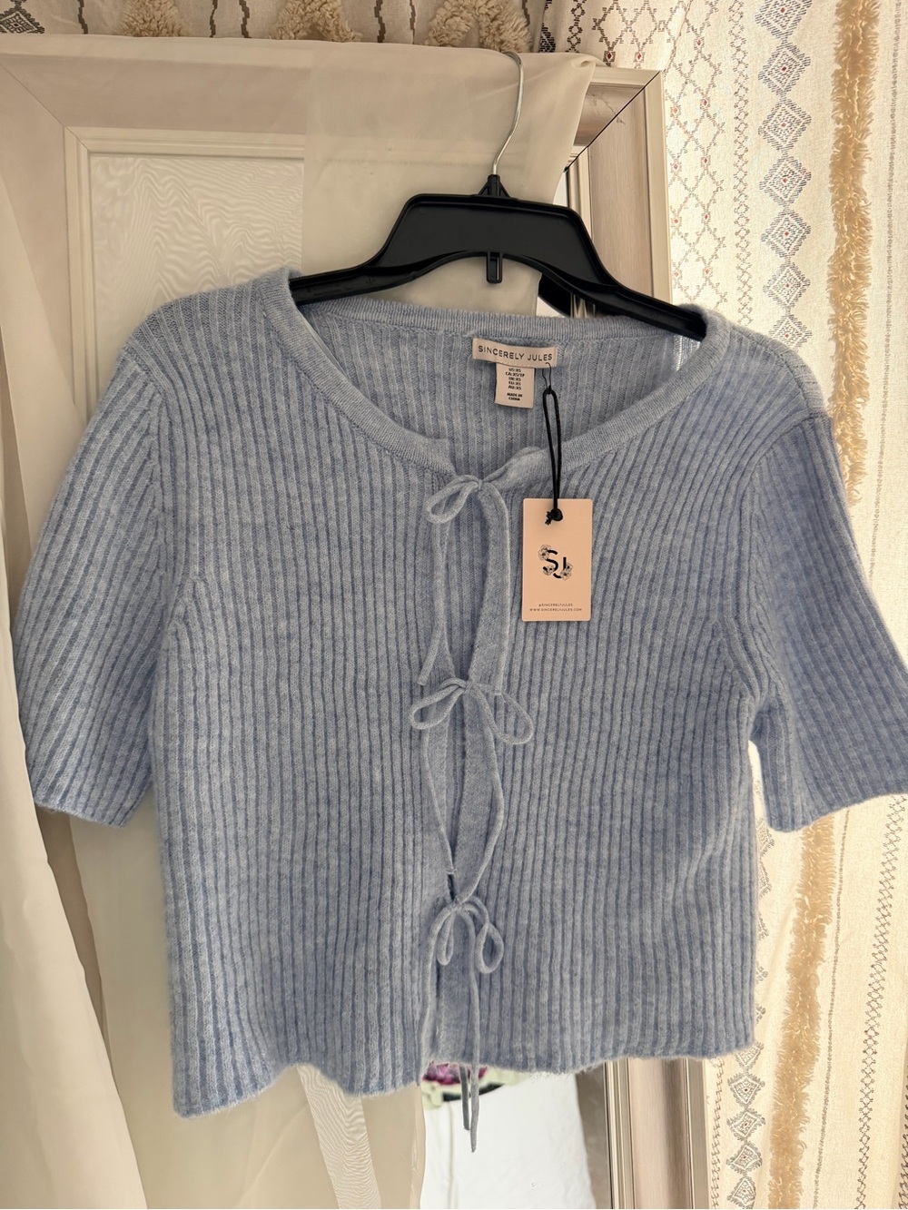 Sincerely Jules Pale Blue Ribbed Knit Top with Tie Detail